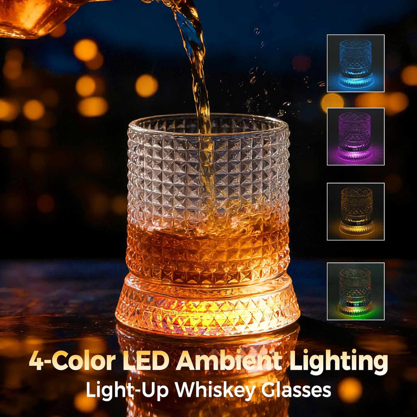 Spinning Whiskey Glass with Ambient Lighting Set, 360 Degree Rotating Crystal Tumbler with Vintage Ribbed Patterns & 4 Color Lighting, Cool Drinking & Bar Accessories (grid pattern)