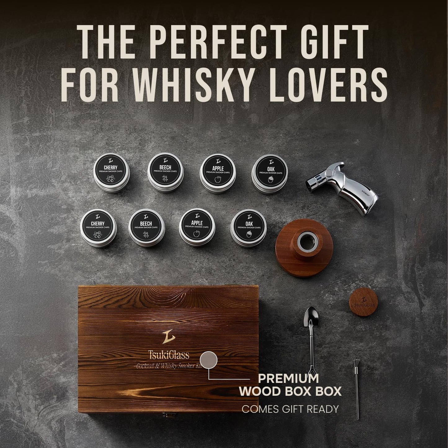 TSUKIGLASS® Premium Japanese Whisky Smoker Kit with Torch - 8 Wood Chip Flavors (200+ Drinks), Sapele Wood Top, Cocktail Infuser for Old Fashioned & Bourbon, Luxury Gift for Men, Dad (No Butane)