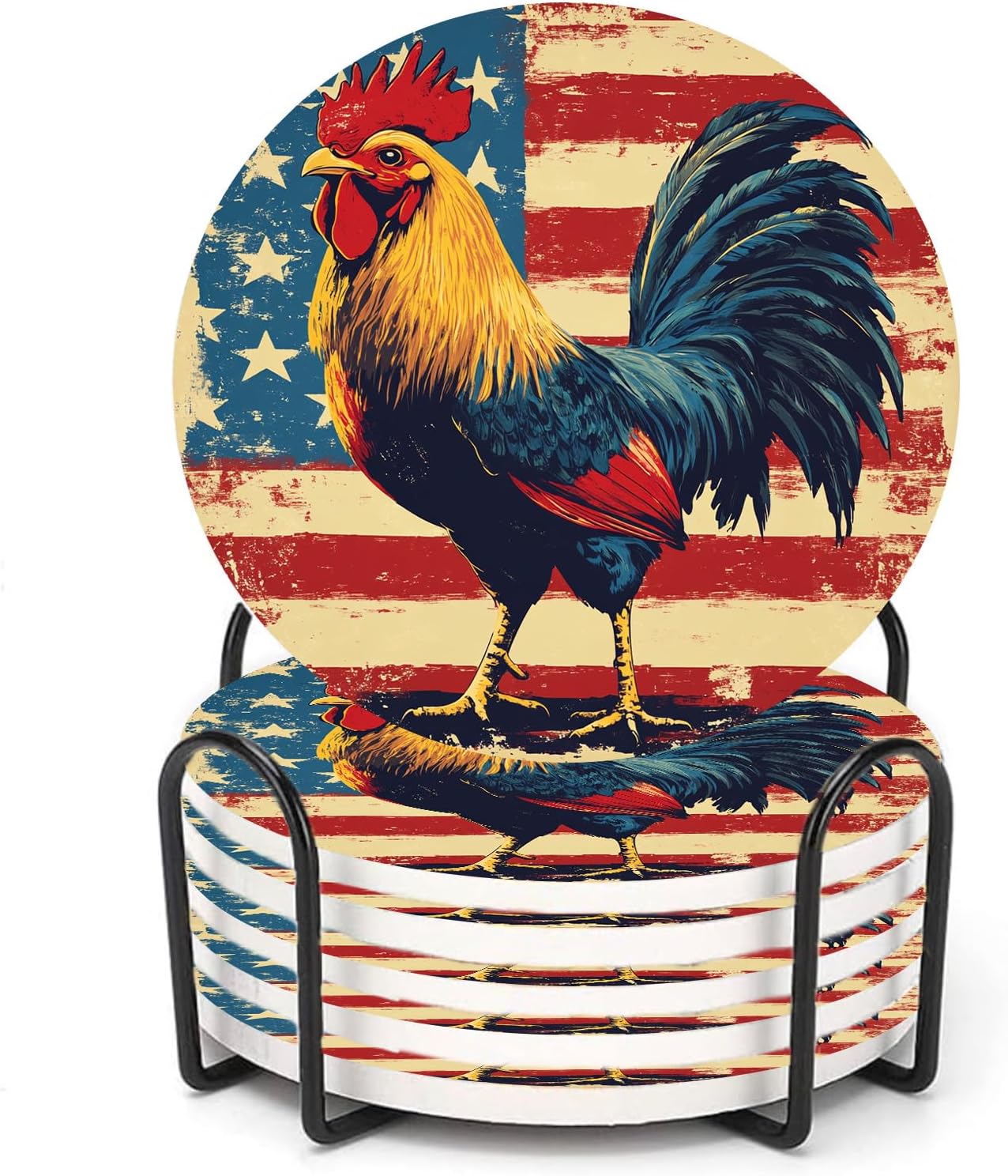 American Flag Coasters Set of 6, Rooster Retro Round Absorbent Ceramic Stone Coaster with Metal Holder and Cork Base, Country Vintage Drinks Coasters for Coffee Table, Kitchen, Party, Gifts