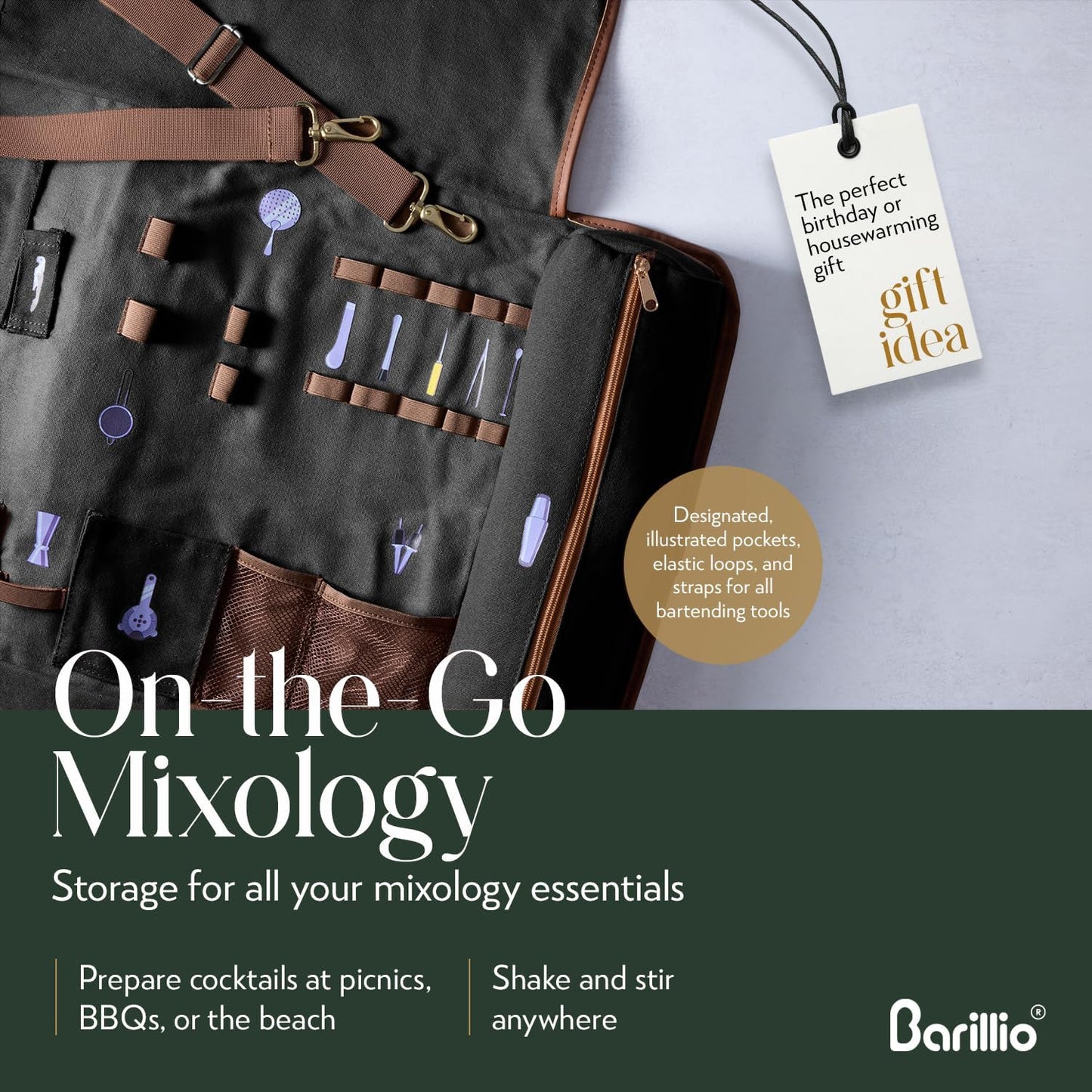 Barillio Bartender Kit Bag with Gold Cocktail Shaker Set - Waxed Canvas, Traveling Bar Tools Bag with 17-Pc Cocktail Kit - Travel Mixology Bartending Kits - Mobile Bar Roll with Strap & Accessories