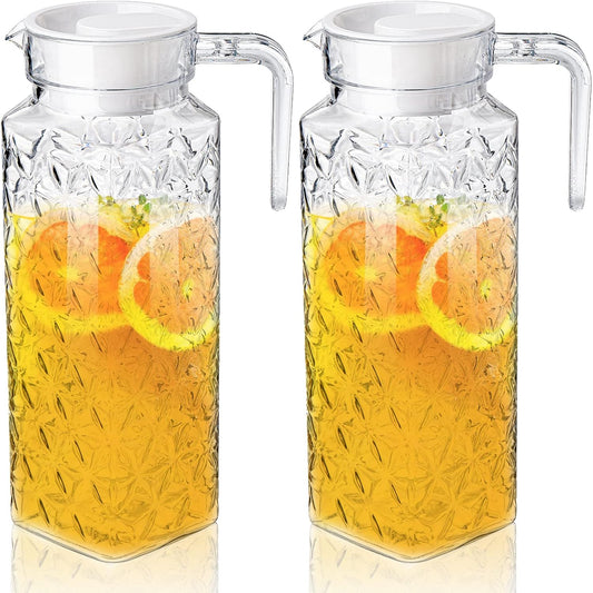 Peohud 2 Pack Acrylic Pitchers, 37oz Clear Plastic Pitcher with Removable Lid, Transparent Juice Jug Water Pitcher for Iced Tea, Sangria, Lemonade, Cold or Hot Beverages, BPA-Free and Shatter-Proof