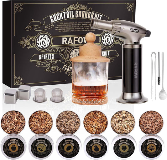Cocktail Smoker Kit with Torch - Whiskey Smoker Kit with 6 Flavors Smoked Wood Chips - Old Fashioned Drink Smoker Kit for Bourbon, Whisky Smoking Gifts Box Smoke Set for Men(Without Butane)