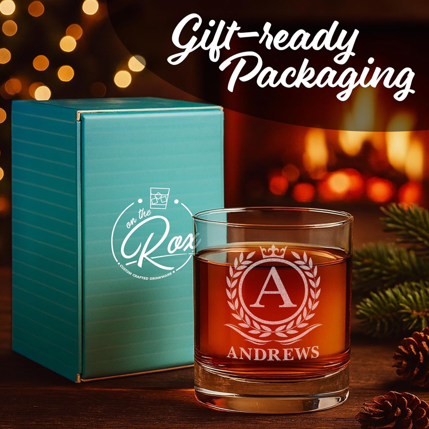 On The Rox Personalized Whiskey, Bourbon Glass Gifts for Men - 11 oz Engraved Name Monogram Scotch Glass - Customized Cocktail, Rocks, Brandy Glass Drinks