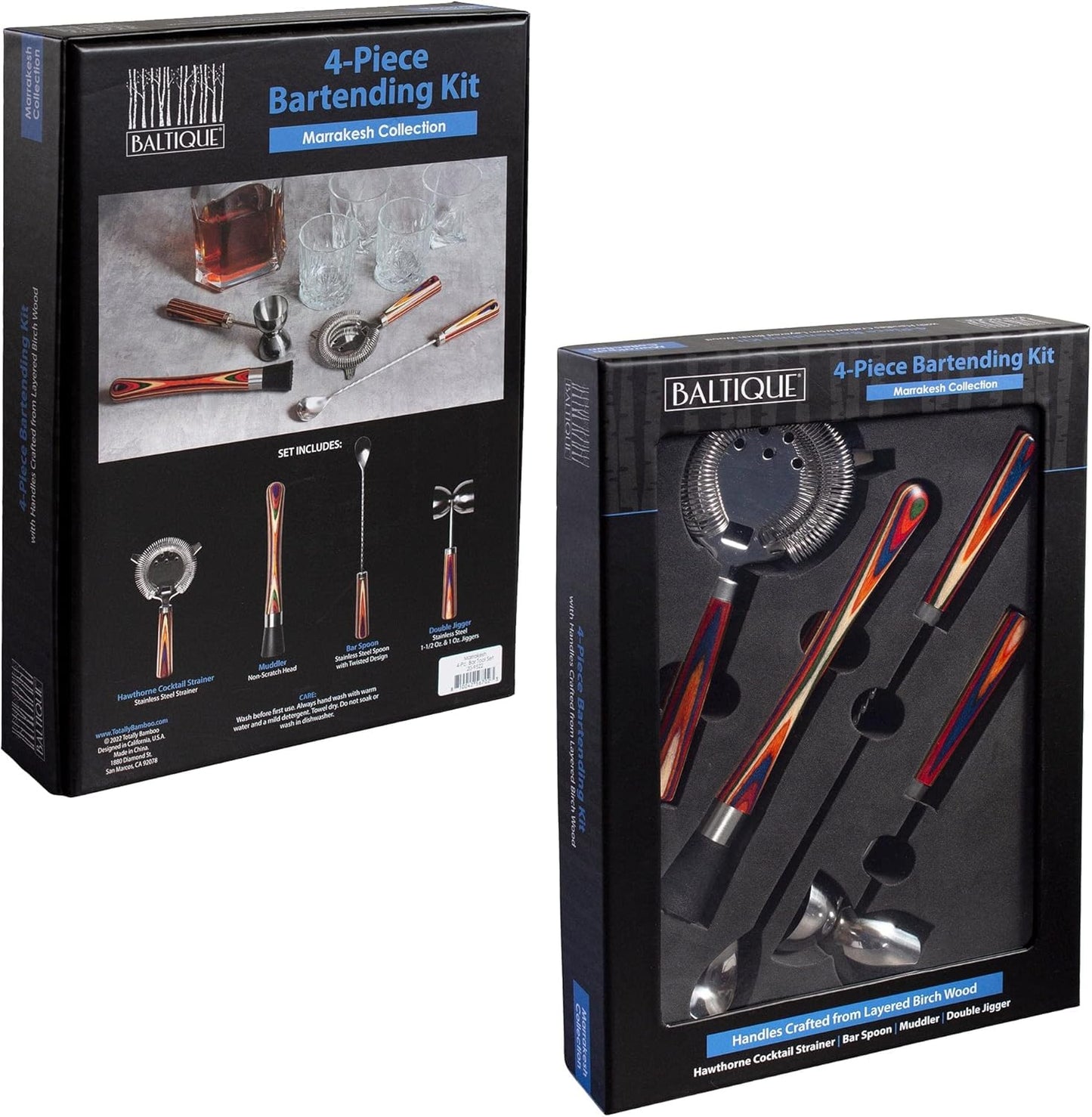 Totally Bamboo Baltique Marrakesh 4 Piece Bartender Kit, Bartending Gift Set with Essential Bar Accessory Tools, Includes Muddler, Double Sided Jigger, Hawthorne Cocktail Strainer and Bar Spoon