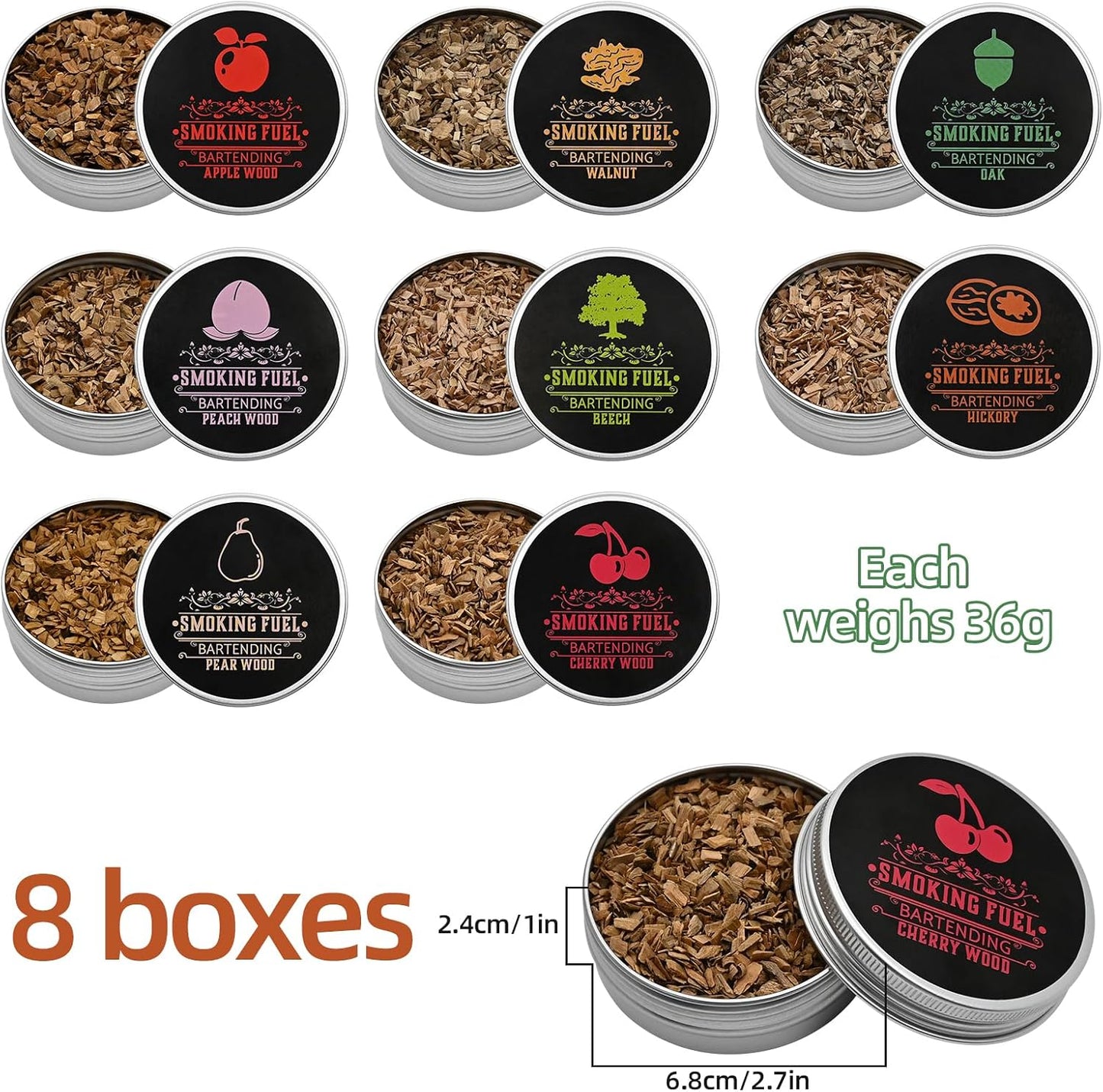 Smoking Wood Chips Cocktail Smoker, 8 Flavors Natural Wood Chips Including Cherry, Apple, Hickory, Beech, Pear, Walnut, Peach, Oak, Sawdust for Husband Father's Gift Smoke Gun Cocktails Drinks Food