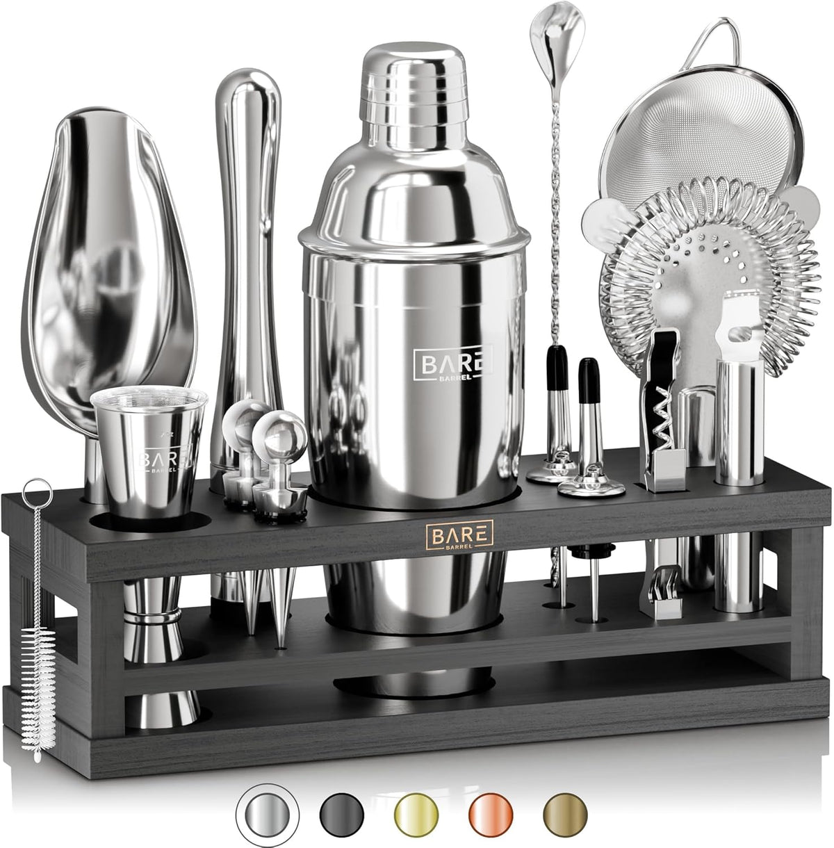 BARE BARREL® Mixology Bartender Kit Bar Set | 16-Piece Cocktail Shaker Set | Martini Barware Mixing Tools for Home Bartending | Incl. 35 Recipe Cards | Gift Set (24oz Cobbler Shaker, Silver/Natural) - Silver/Black