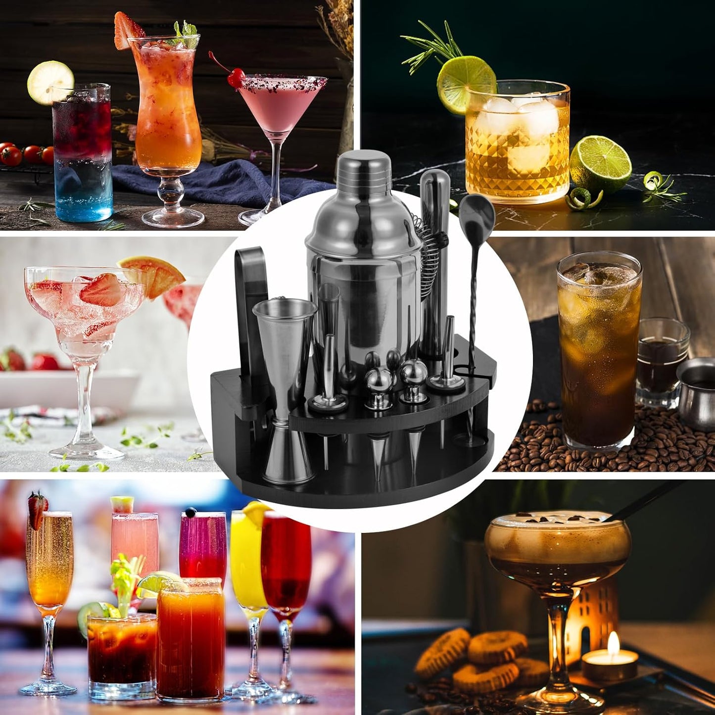 Safring Bartender Kit with Stand, 12-Piece Bar Set | 24oz Cocktail Shaker Set for Drink Mixing, Martini Shaker Set with Bar Tools, Recipes Booklet | Fun Housewarming Gift (Black)