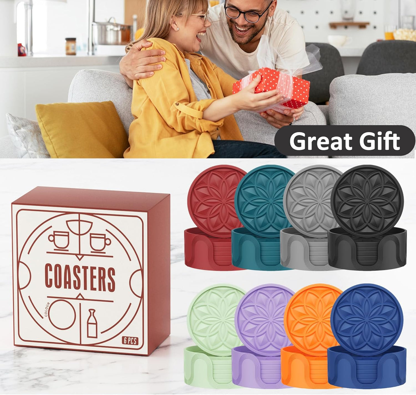 HFHOME Silicone Coasters Set for Drinks - 6 Pack With Holder, Table Cup Mat for Coffee Table, Desk, Bar - Tabletop Protection Gift - Nyanza Green