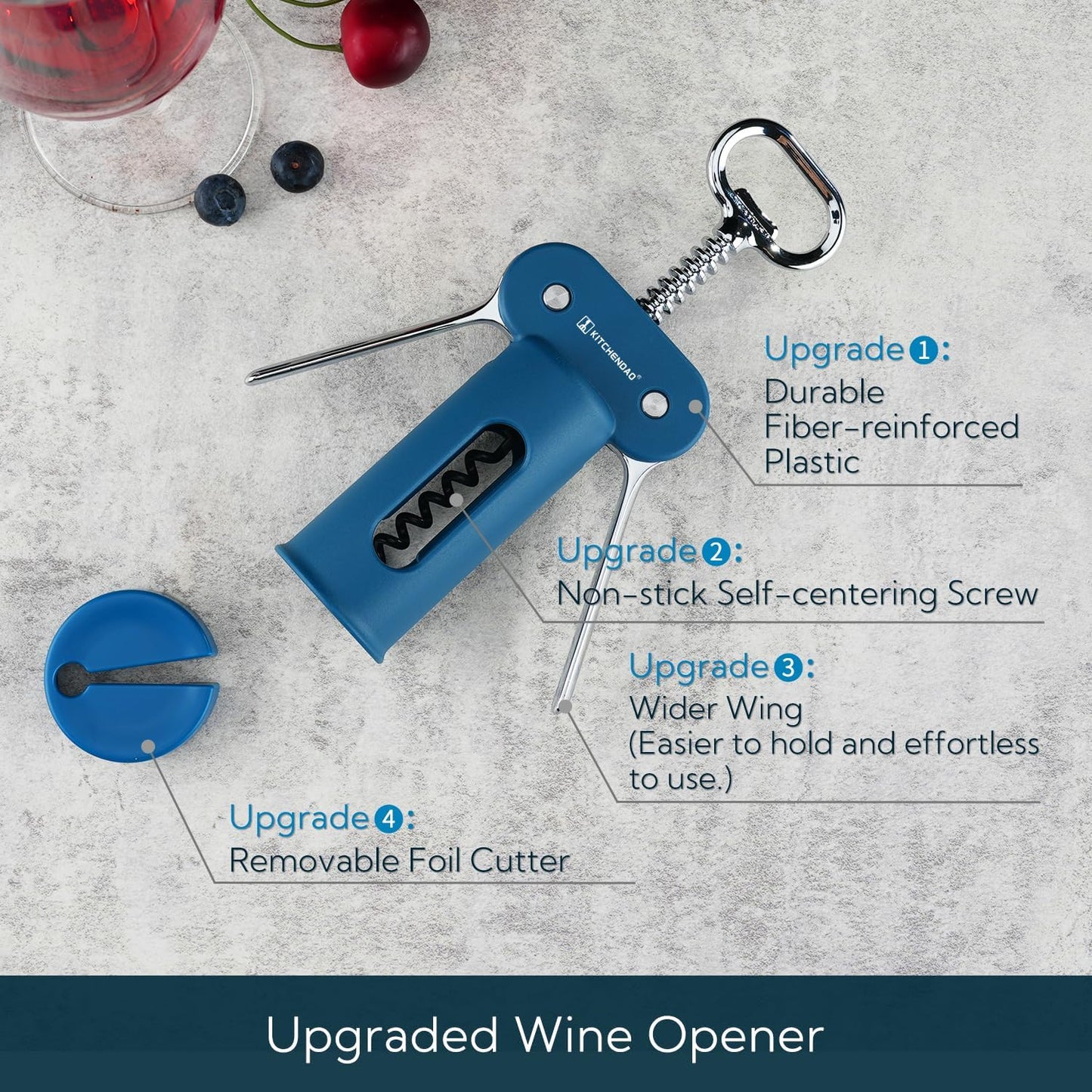 KITCHENDAO 3 in 1 Wing Corkscrew Wine Bottle Opener with Foil Cutter, Built-in Beer Bottle Opener, Multifunctional Wine Opener with Non-Stick Sharp Screw, Easy to Use, Manual Wine Corkscrew, Blue