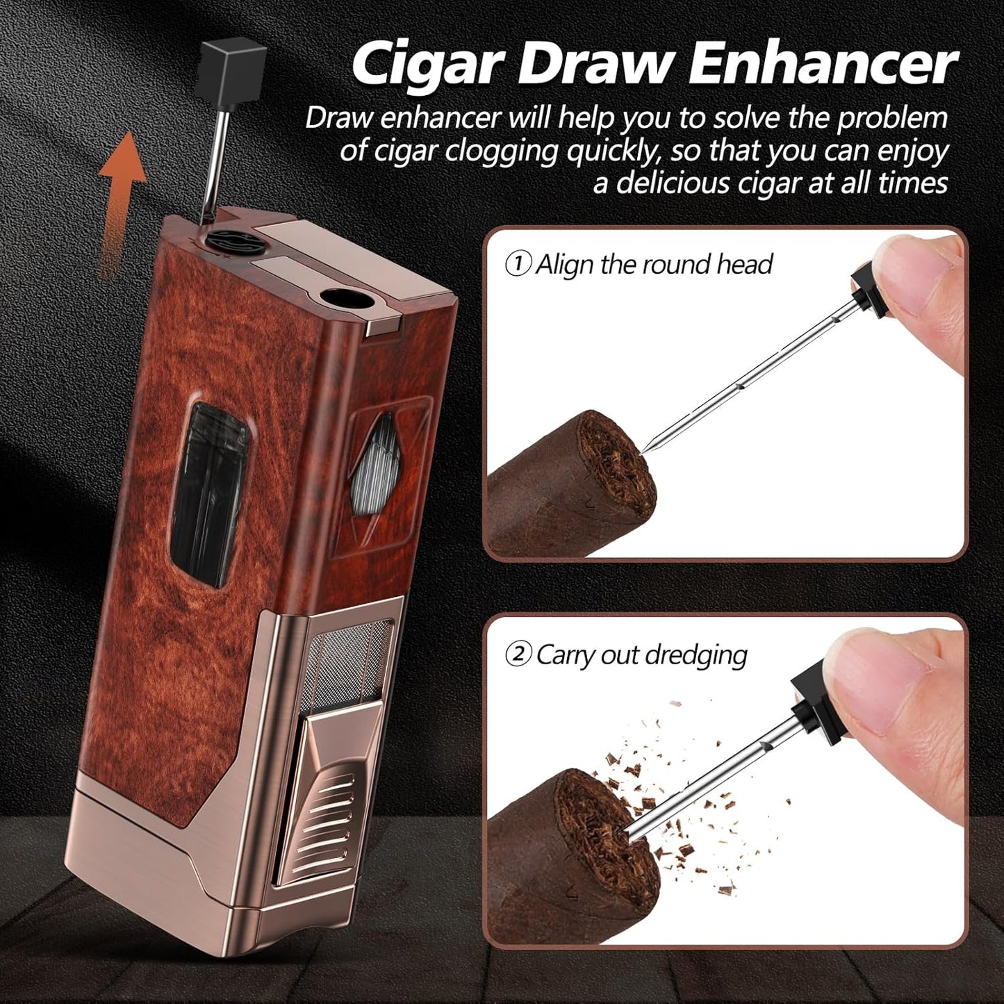 Cigar Lighter, Multifunctional Lighter with V-Cigar Cutter, Cigar Holder, Cigar Punch and Cigar Draw Enhancer, Fillable Butane Torch Lighter, Multi-Purpose Cigar Accessory, Cigar Gifts