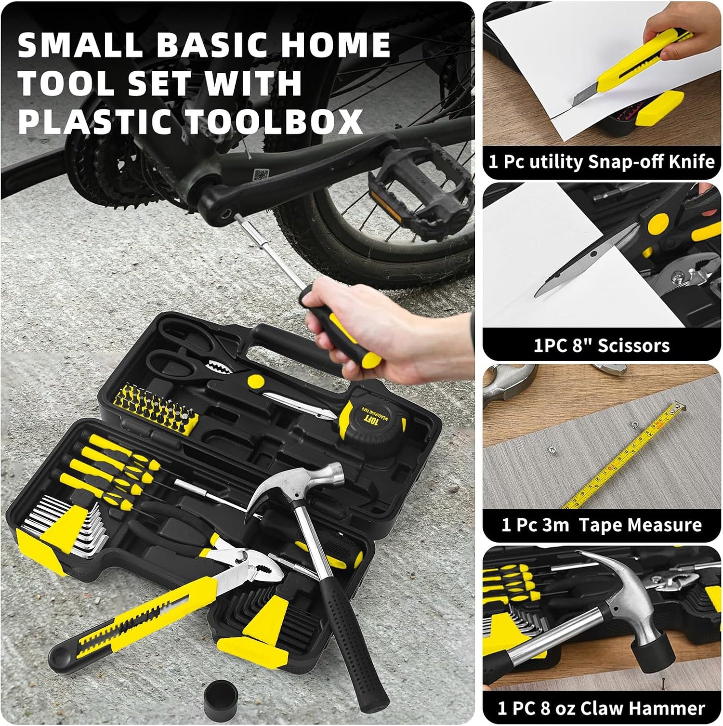 58-Piece Yellow Tool Kit | Basic Home Repair & General Household Hand Kit | Small Tool Set with Plastic Storage Toolbox for Home, Office, College & DIY Repairs