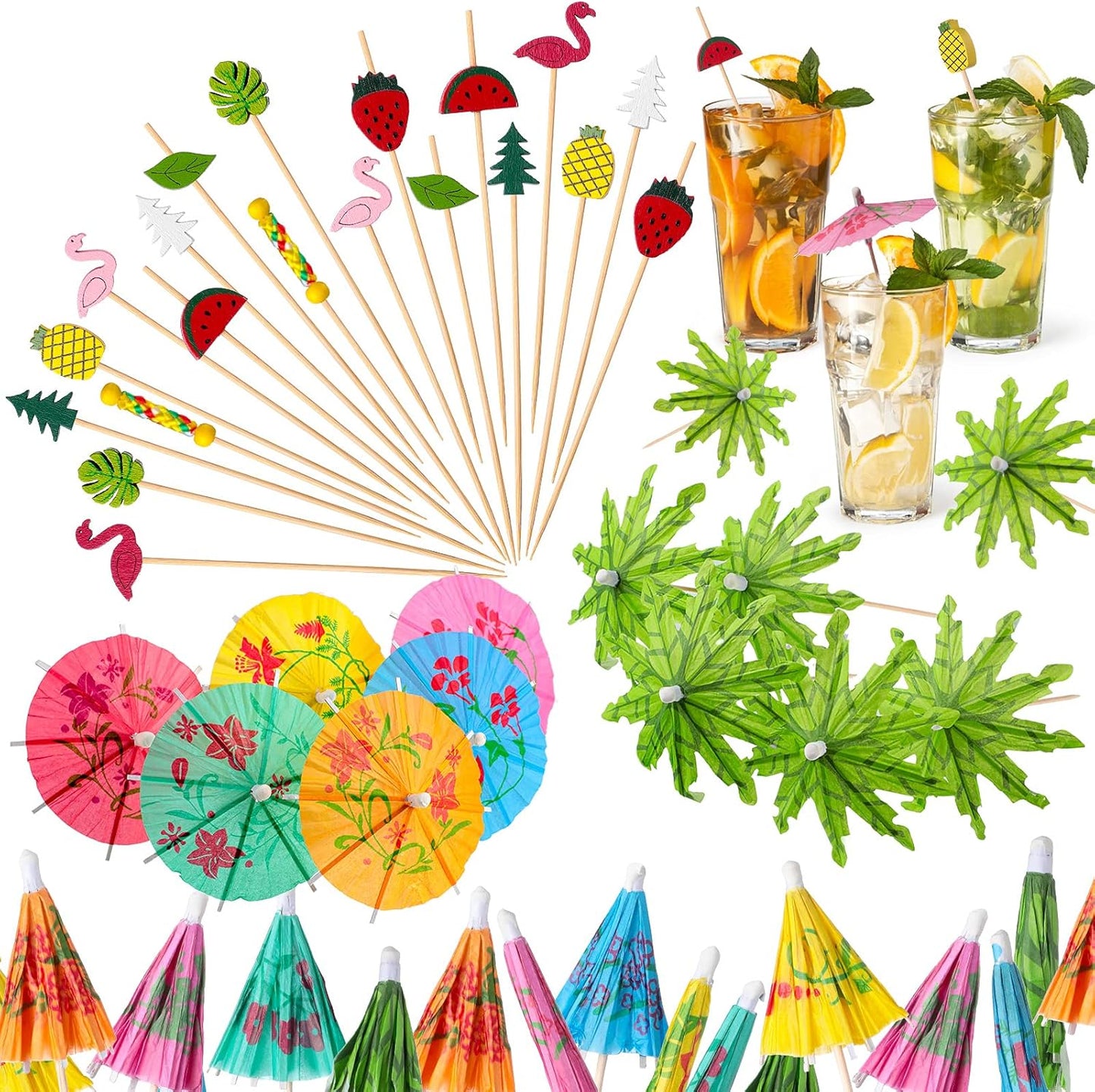 160 Pcs Cocktail Drink Decoration Accessories 60 Drink Cocktail Umbrellas 100 Fruit Picks Summer Coconut Palm Colorful Bamboo Toothpicks Tropical Luau Hawaiian Beach Party Decorations