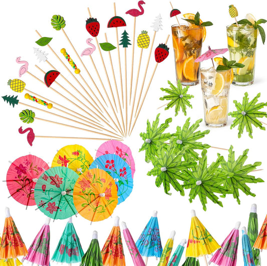 160 Pcs Cocktail Drink Decoration Accessories 60 Drink Cocktail Umbrellas 100 Fruit Picks Summer Coconut Palm Colorful Bamboo Toothpicks Tropical Luau Hawaiian Beach Party Decorations