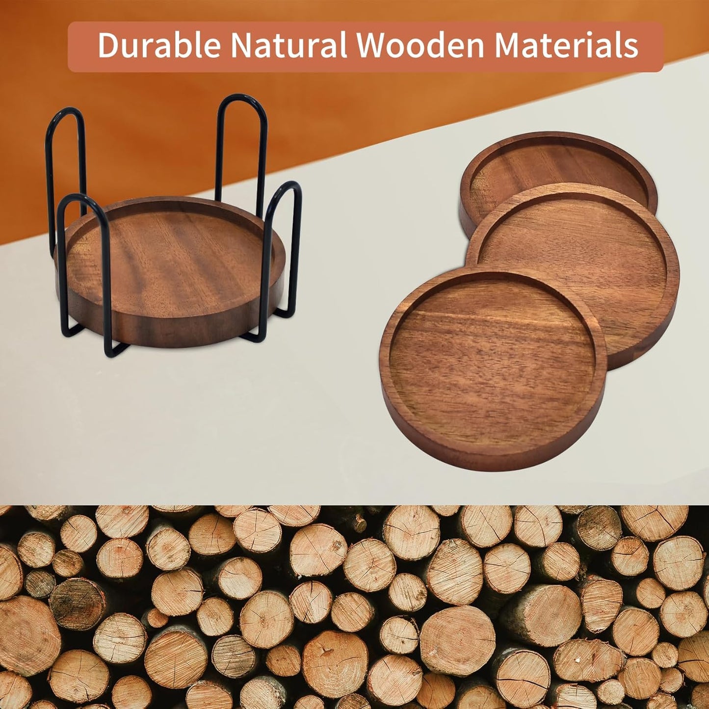Wood Drink Coasters with Holder, Set of 4, Natural Absorbent Wooden Coasters for Drinks, Modern Rustic Farmhouse Office Bar Decor, Coffee Table Cup Coaster