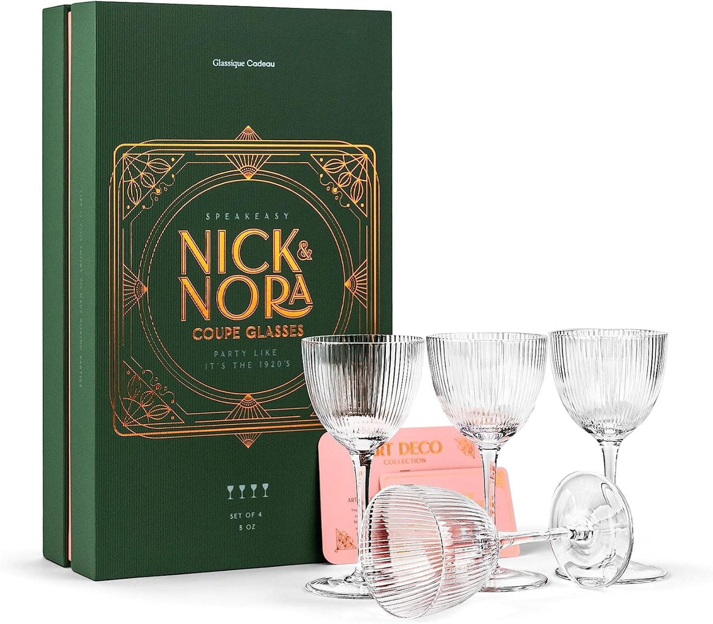 Vintage Art Deco Nick and Nora Coupe Glasses | Set of 4 | 5 oz Crystal Ribbed Cocktail Glassware for Drinking Classic Gin, Whiskey, Vodka Bar Drinks | Retro Long Stemmed Barware Goblets