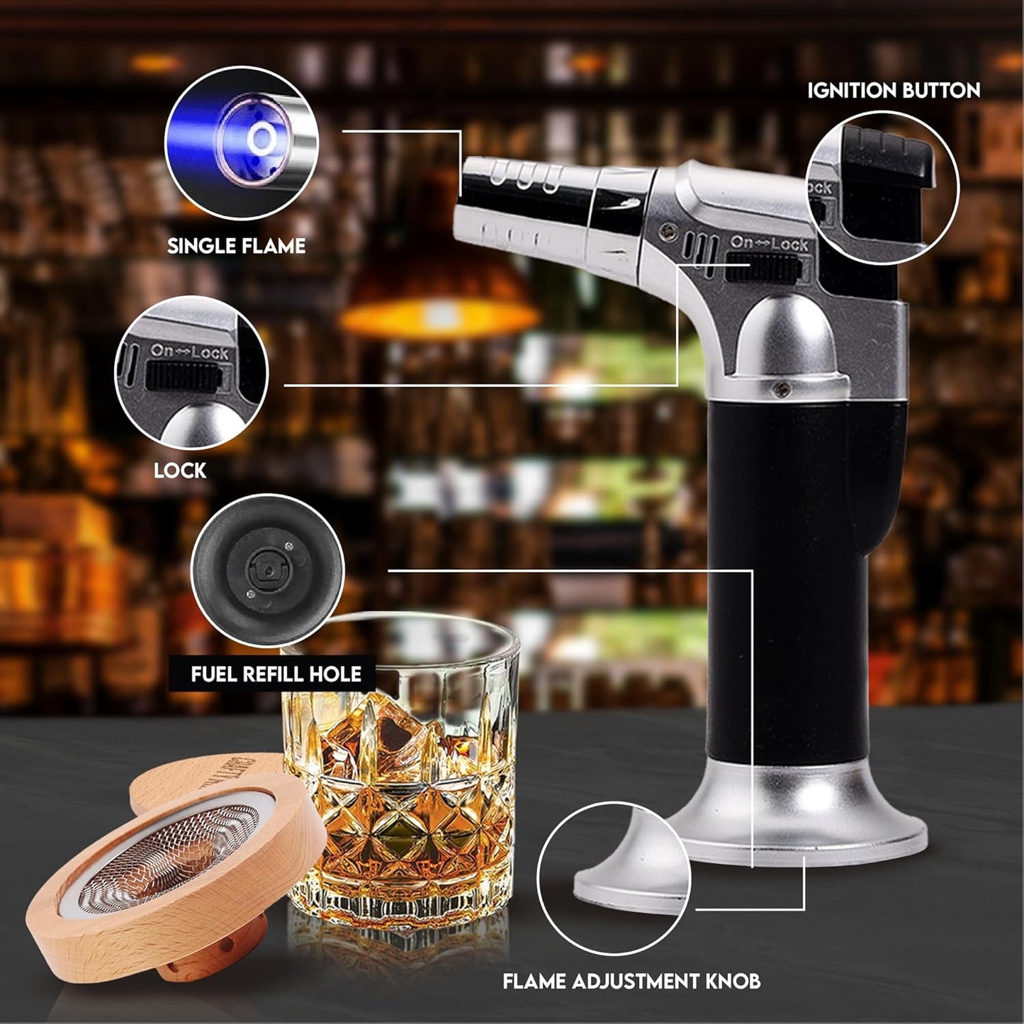 Whiskey Smoker Kit with Torch – 6 Wood Chip Flavors & 2 Glasses – Cocktail Smoker Infuser Set for Old Fashioned and Bourbon– Birthday Gifts for Dad, Men, Husband and Boyfriend(Butane Not Included)