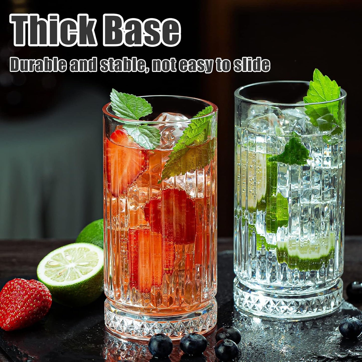 Crystal Drinking Glasses, Set of 8 Durable Glass Cups-4 Highball Glasses 15oz & 4 Rocks Glasses 12oz, Mojito Cups, Cocktail Glass, Bar Glassware Set for Cocktail, Beer, Whiskey