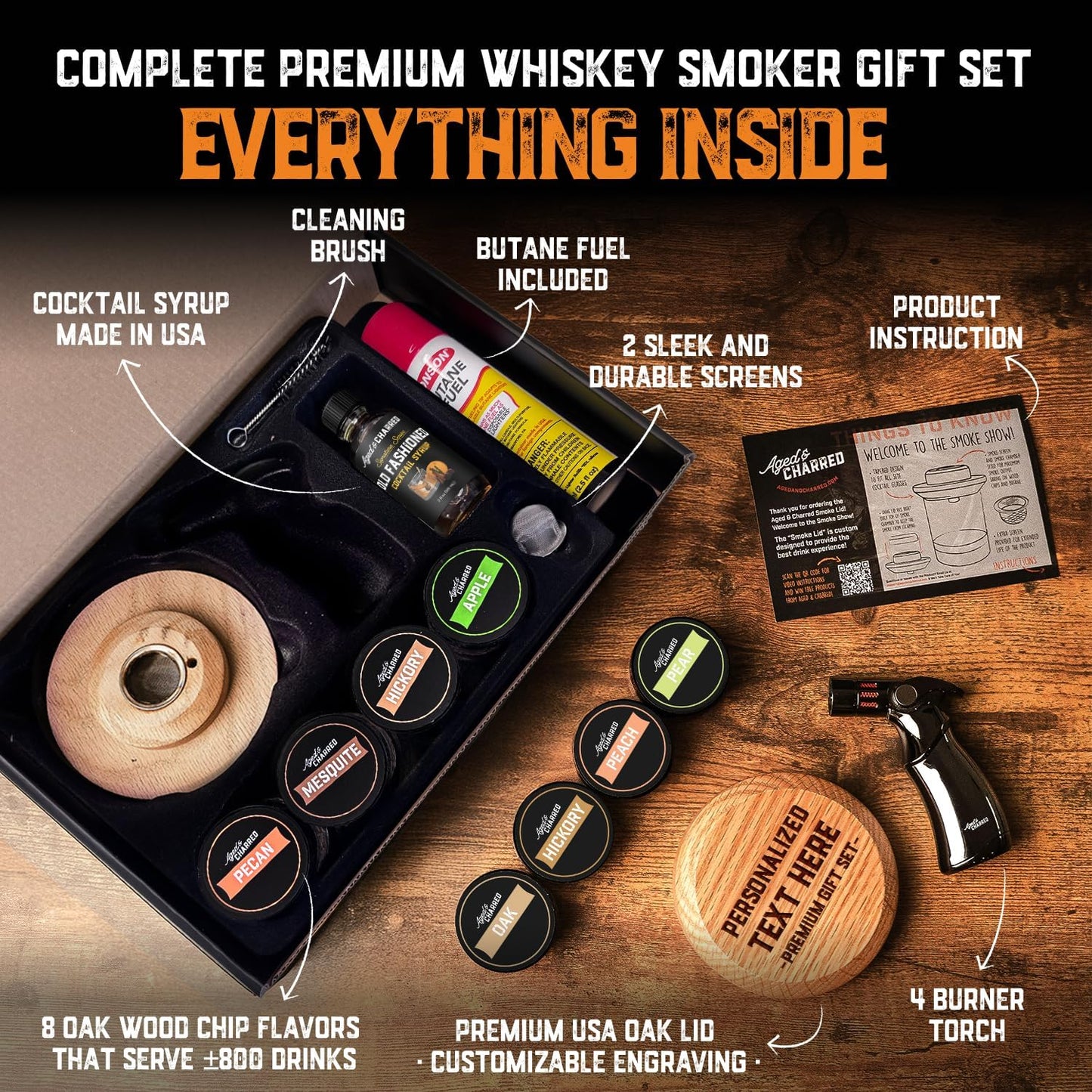 Personalised Whiskey Smoker Kit with Torch & Butane with Oak Wood Chips - Custom Engraved Smoke Lid for Bourbon & Old Fashioned Cocktails - Unique Whiskey Gifts for Men - Fits Various Glasses