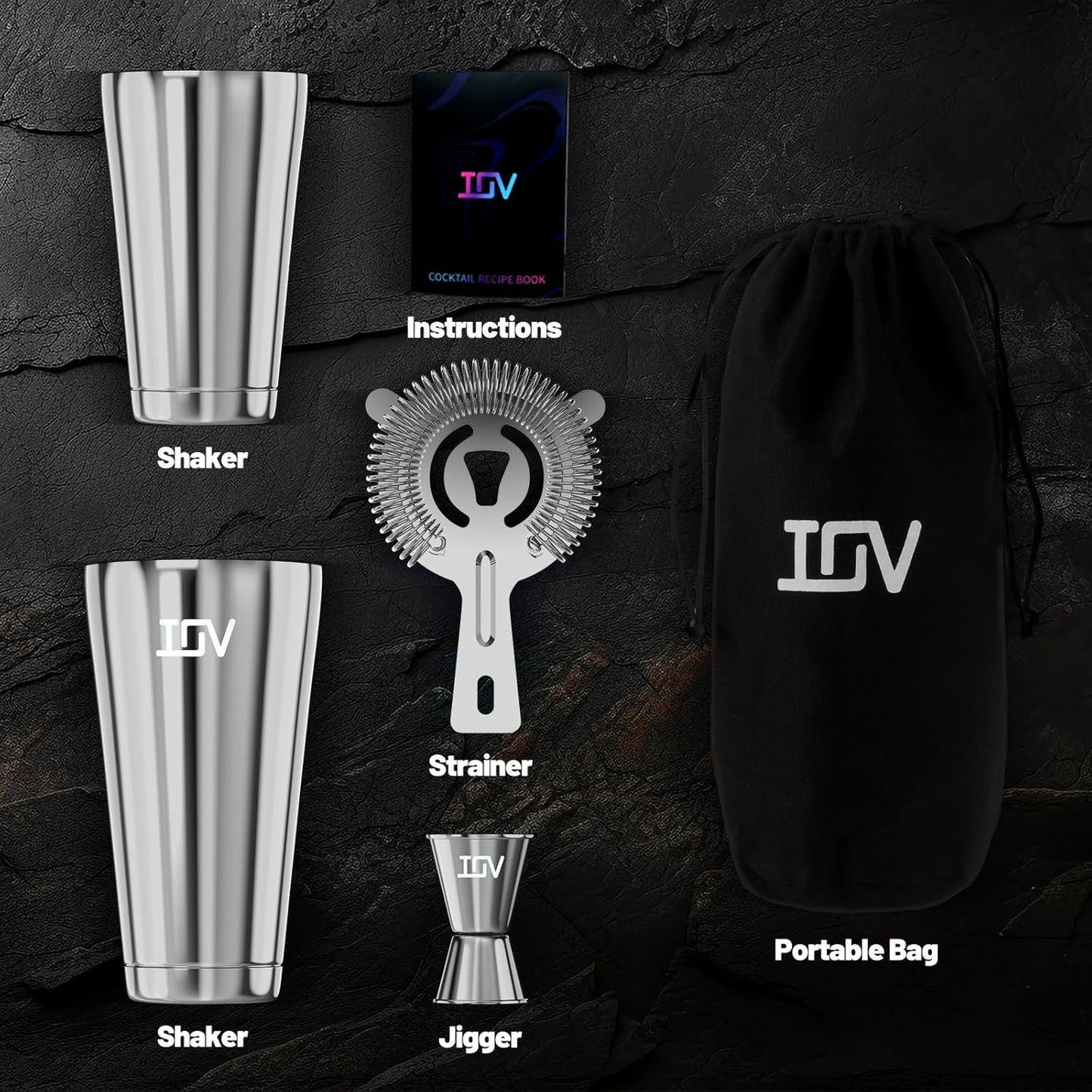 IOV Boston Cocktail Shaker Bar Set, Bartender Kit Drink Mixer Set with 18 oz & 28 oz Boston Shakers, Hawthorne Strainer, Double Jigger, Bar Tool Kit and Recipe Booklet - Silver