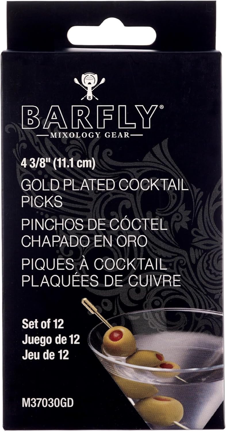 Barfly Cocktail Picks, Grooved, Gold Plated, Set 12, 4.5"