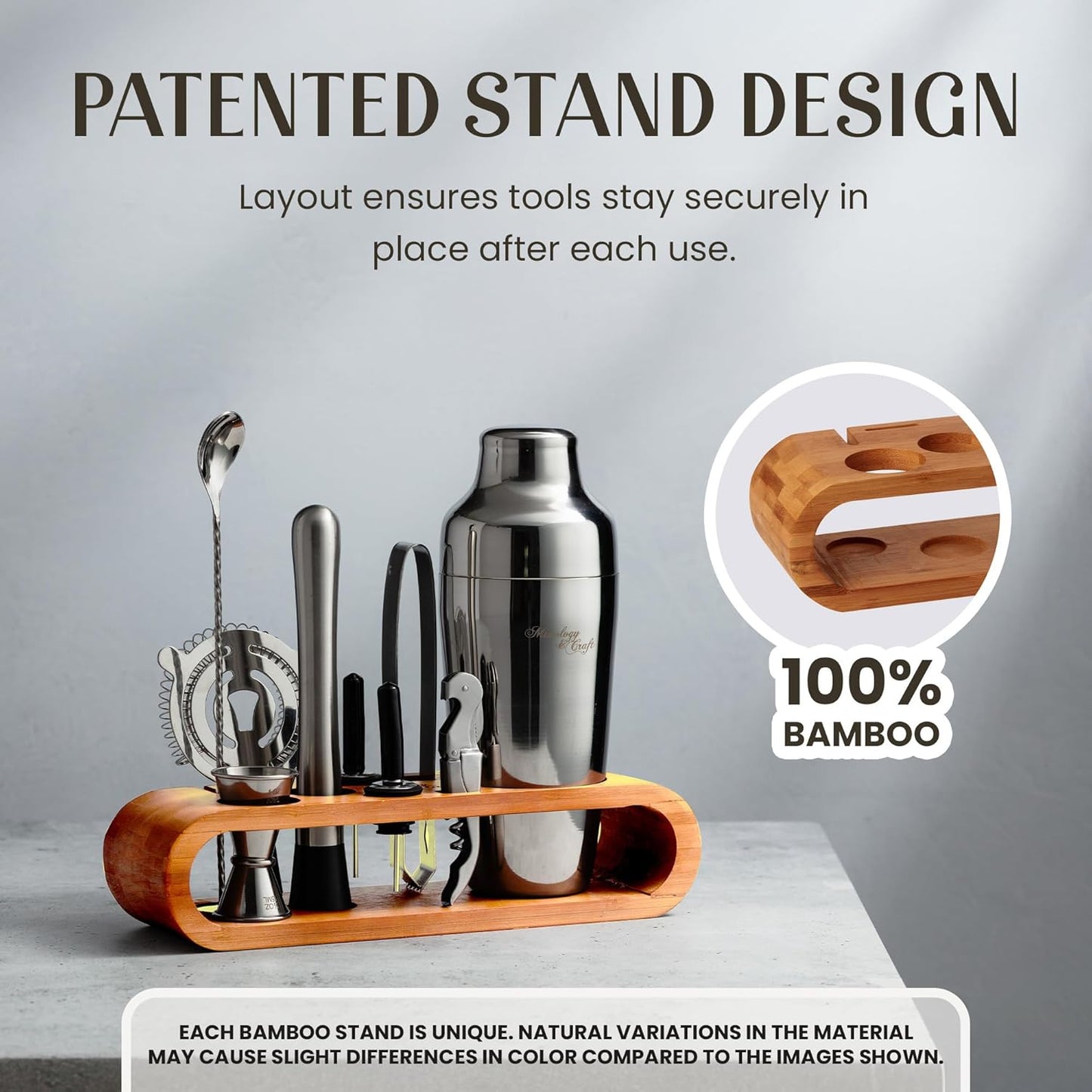 Mixology & Craft Cocktail Shaker Set with Bamboo Stand - Professional 10-Piece Bartender Kit - Complete Bar Set & Cocktail Mixer Kit for Home (Silver)