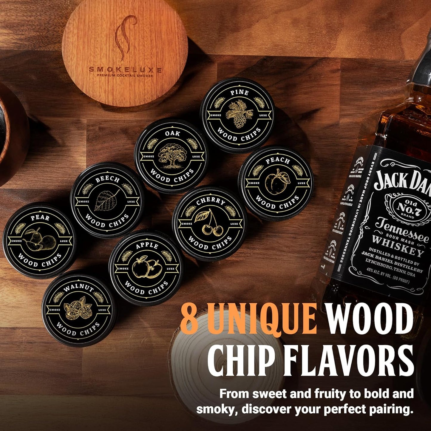 Whiskey Smoker Kit with 8 Wood Chip Flavors - Premium Bourbon Smoker Kit Set with Glasses, Stainless Steel Ice Cubes, Refillable Torch Lighter & Custom Wood Box - Birthday Gifts for Men