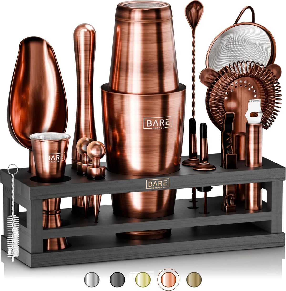 BARE BARREL® Mixology Bartender Kit Bar Set | 16-Piece Cocktail Shaker Set | Martini Barware Mixing Tools for Home Bartending | Incl. 35 Recipe Cards | Gift Set (28oz Boston Shaker, Silver/Natural) - Copper/Black