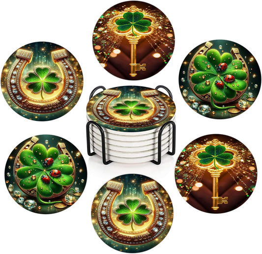St Patricks Day Gold Green Drink Coasters Set of 6, Round Absorbent Ceramic Coaster, with Metal Holder and Cork Base,Luck Shamrock Clover Coasters for Coffee Table Kitchen Housewarming Gifts