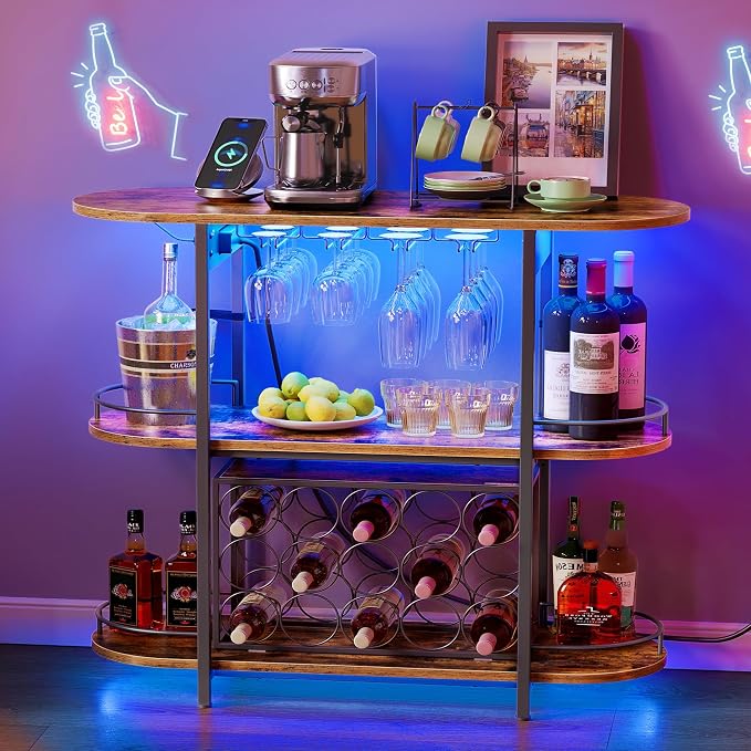 VASAGLE Bar Cabinets for Home, LED Coffee Bar with Power Outlets - B0CVX4CH19