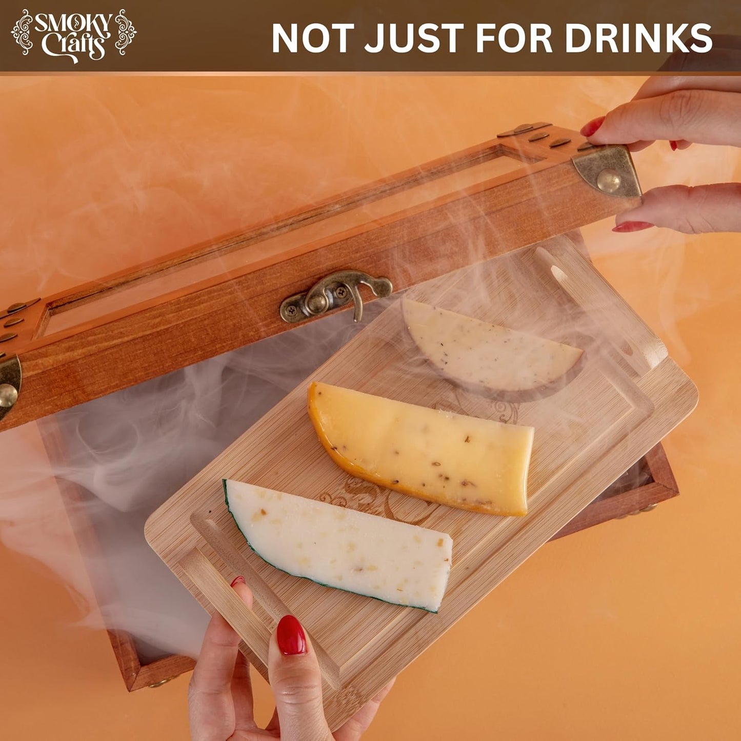 Smoky Crafts Whiskey Smoker Kit with Updated Smoke Gun, Cocktail Smoke Box, Food Tray and Wood Chips (Apple & Cherry) - Old Fashioned Smoker Kit
