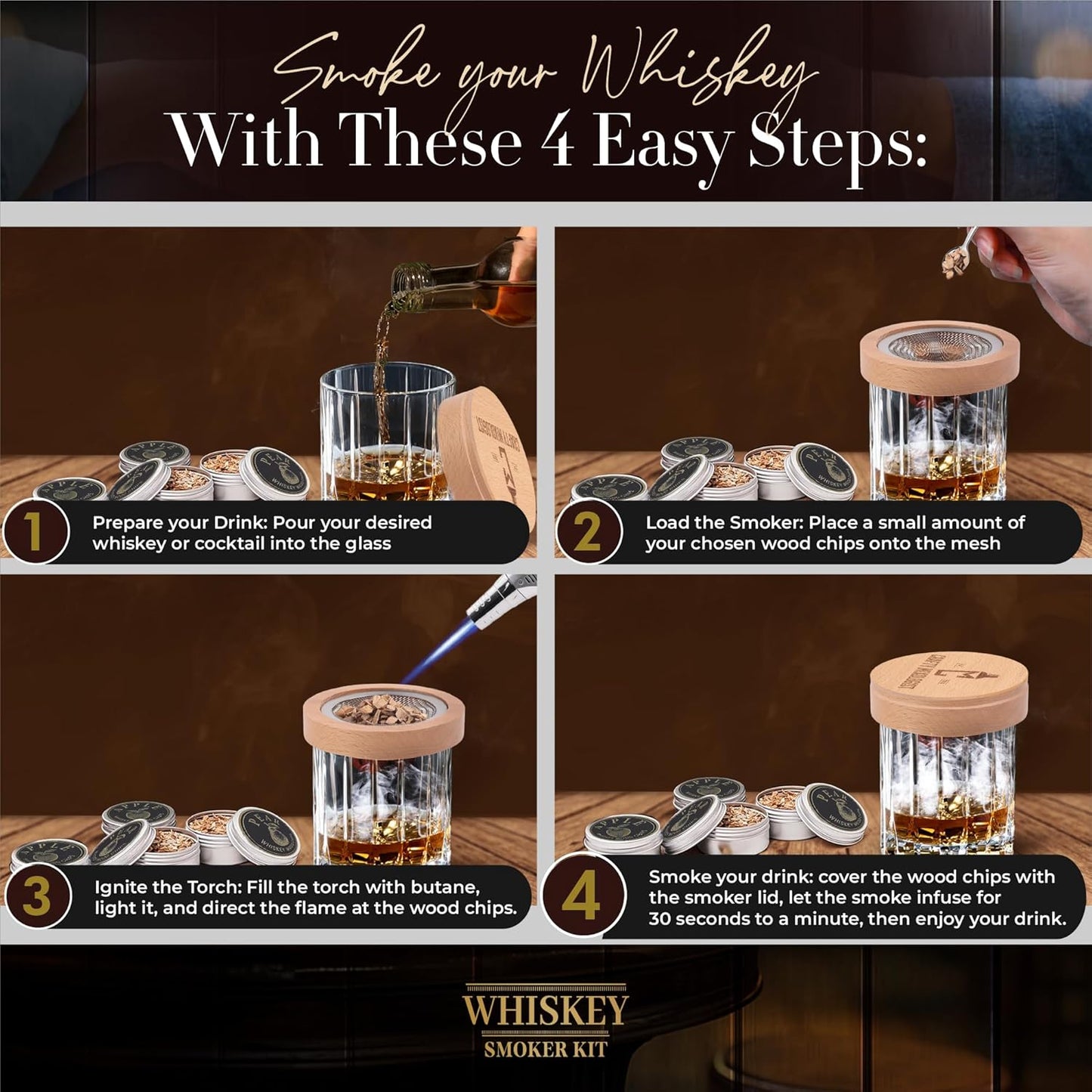 Whiskey Smoker Kit with Torch – 6 Wood Chip Flavors & 2 Glasses – Cocktail Smoker Infuser Set for Old Fashioned and Bourbon– Birthday Gifts for Dad, Men, Husband and Boyfriend(Butane Not Included)