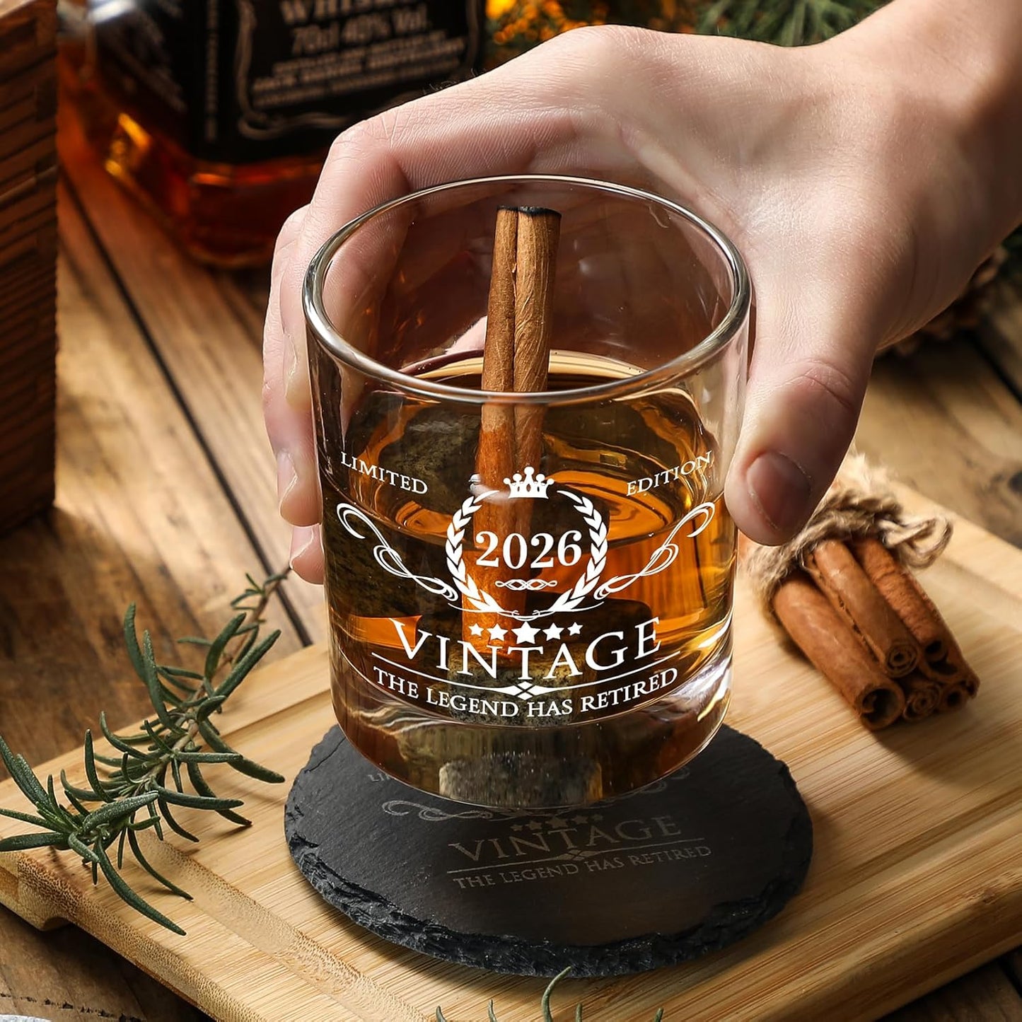Retirement Gifts for Men Whiskey Glass Set - The Legend Has Retired 2026 - Retirement Party Decorations, Supplies - Gifts Ideas for Him, Dad, Husband, Friends - Wood Box & Whiskey Stones & Coaster