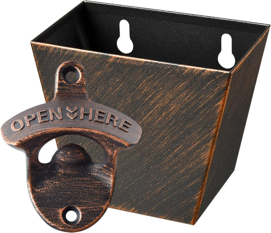 Rustic Beer Bottle Opener with Cap Catcher Wall Mounted Soda Top Opener and Cap Holder Antique Copper
