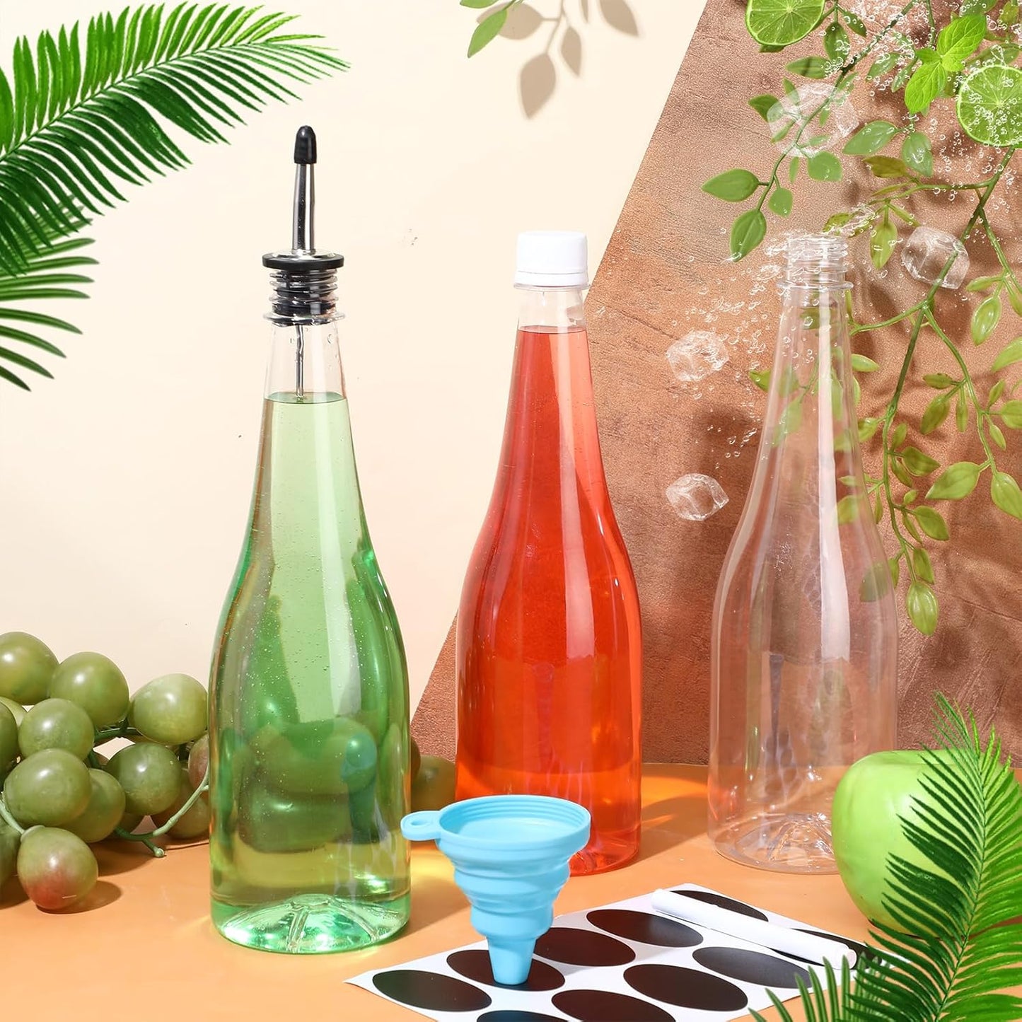 Dandat 6 Set 25 oz Plastic Long Neck Bottles with Pourer and Caps Plastic Juice Pour Bottles with Stainless Steel Bottle Pourer Tapered Spout for Liquor Juice Store