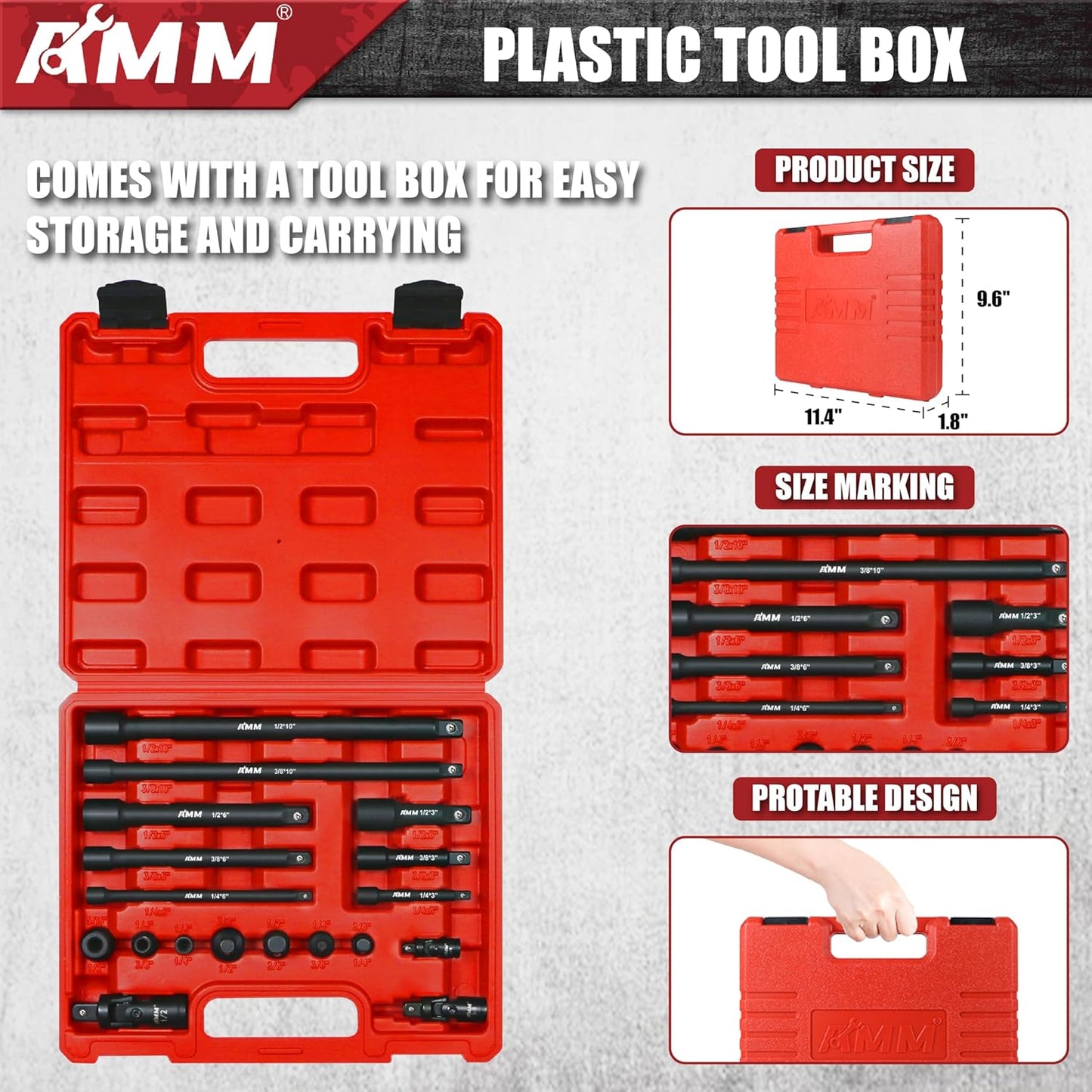 AMM Impact Socket Extension Set Tools, 1/4", 3/8", 1/2" Drive Socket Adapter, Extension Bar, Impact Univeral Joint, Impact Coupler with Cr-V Steel for Power Drill & Impact Driver, 18 Pieces