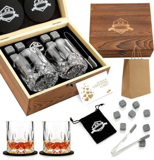 Whiskey Stones Gift for Men, Whiskey Glasses Set of 2 with Premium Wood Box - Straight Glasses+Granite Stones
