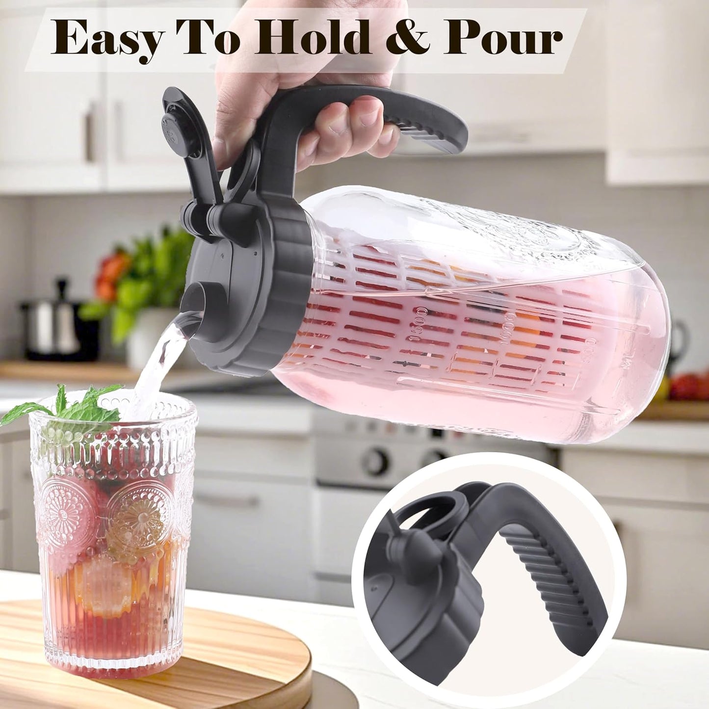 64 Oz Glass Mason Jar Water Pitcher With Infuser Half Gallon Mason Jug Carafe Wide Mouth 2 Quart Pitcher With Lid For Cold Hot Tea Coffee Lemonade beverage Breast Milk Juice Container For Fridge