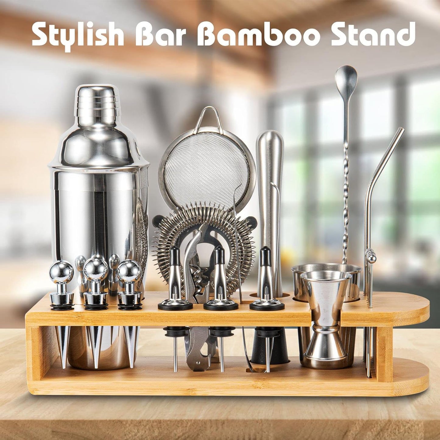 Semderm Cocktail Shaker Set, 26-Piece Premium Mixology Bartender Kit - 18/8 Stainless Steel Bar Set with Bamboo Stand - Includes Mixing Tin, Hawthorne & Mesh Strainer - Professional Gift for Men