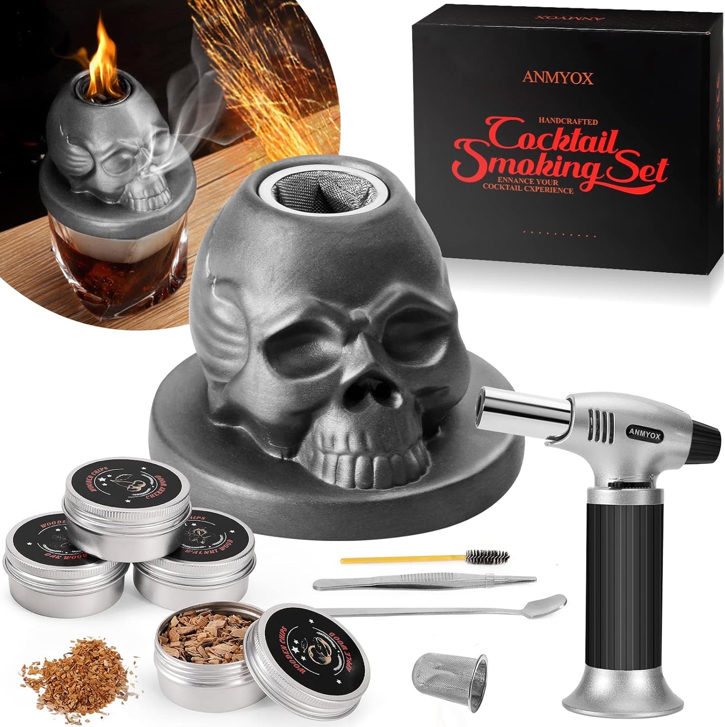 Cocktail Smoker Kit with Torch, Anmyox Whiskey Smoker Infuser Kit with Gift Box, Bourbon Whiskey Set Gift for Men,Skull old Fashioned Smoker Kit for Your Friends, Husband, Dad.（No Butane）