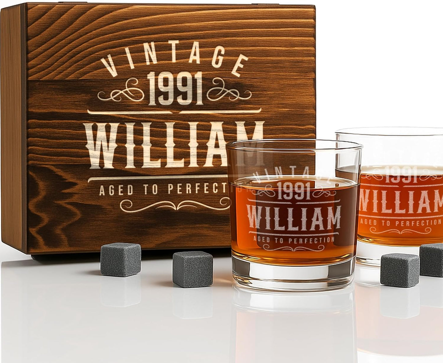 Personalized Vintage Birthday Whiskey Gifts for Men - 11 oz Engraved Bourbon Glass - Set of 2 Vintage Whiskey Cup in Wooden Box - 4 Designs Custom Scotch Glass Gift For Him (Vintage)