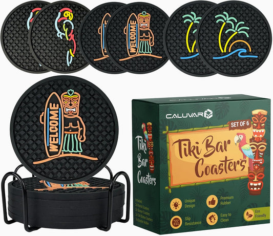 Tiki Bar Coasters Set of 6 with Holder, Tiki Bar Decor Silicone Coasters with Surfboard Warrior, Wave & Palm Tree and Parrot Designs, Hawaiian Decor Black Coasters, Outdoor Tiki Bar Rubber Decorations - Tiki Bar