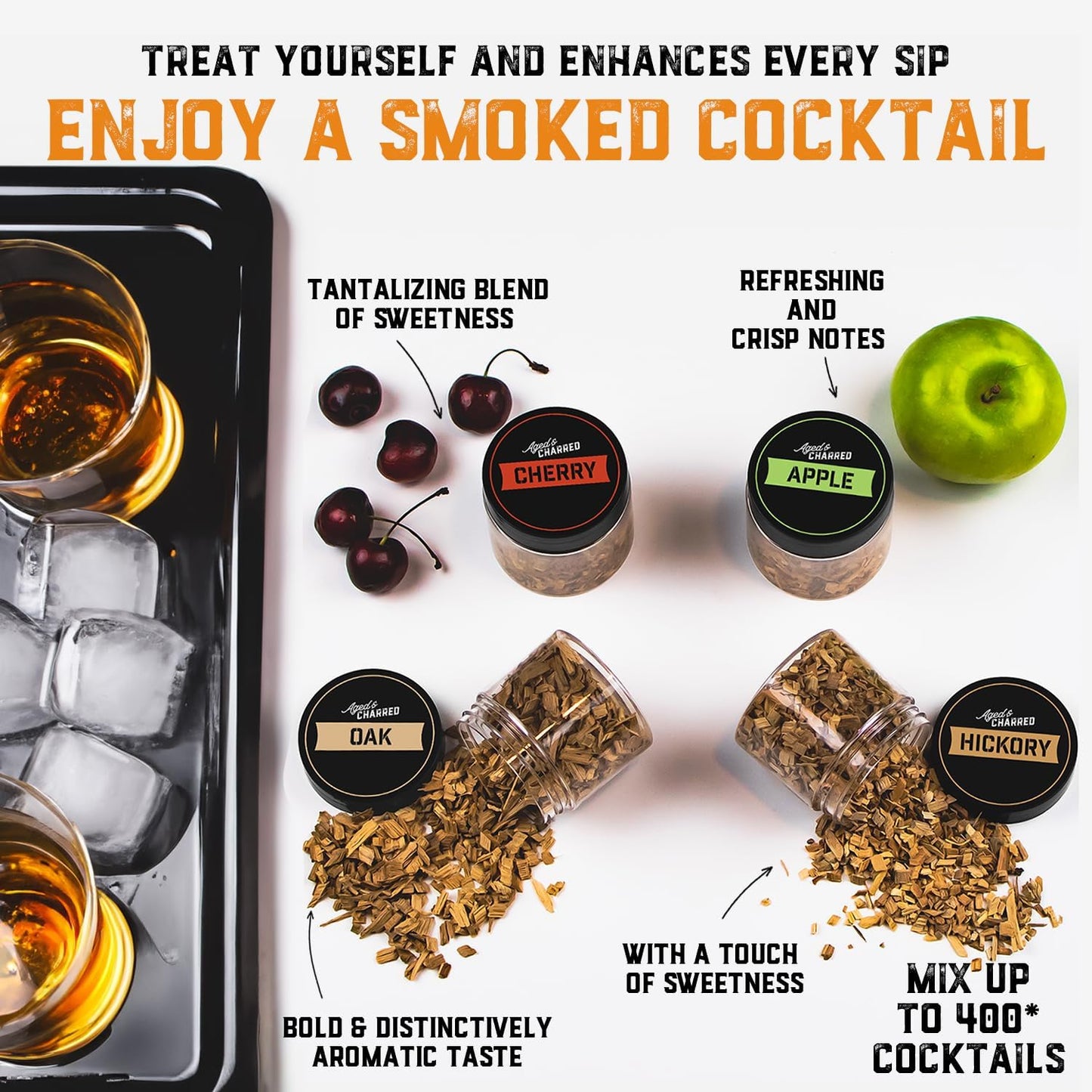 400 Cocktail Smoker Wood Chips - Variety Flavors Big Pack - Apple, Hickory, Oak, Cherry - Whiskey Smoker Wood Chips for Bourbon, Rum & Cocktail Smoker Kits