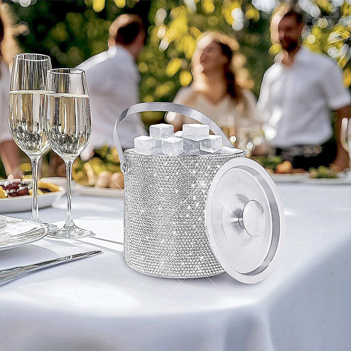 Bling Double Walled Stainless Steel Ice Bucket with Ice Tong & Lid [2 Liter] ，Shiny Insulated Ice Bucket Included Strainer Keeps Ice Cold & Dry, for Home Bar, Chilling Beer, Champagne, Red Wine