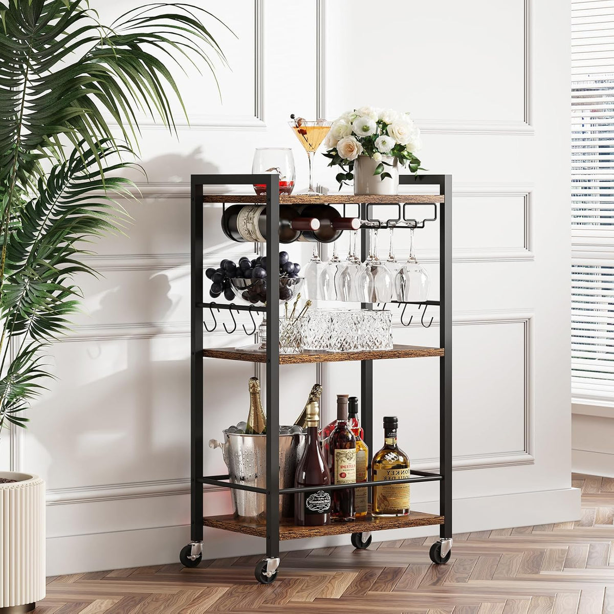 TUTOTAK Bar Cart with Wheels, Mini Drink Cart with Wine Rack & Glass Holder - Brown