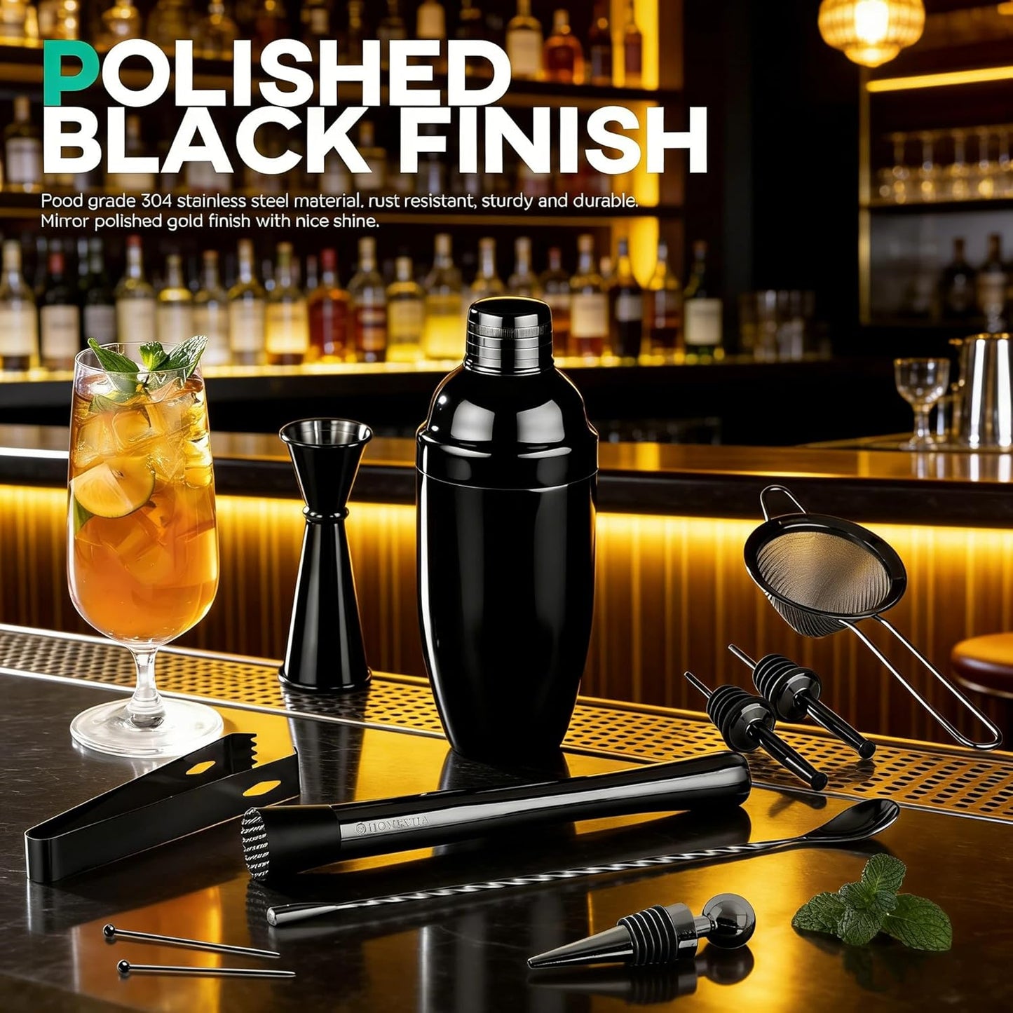 Homestia Black Cocktail Shaker Set, 11-Piece Stainless Steel Bartender Kit with Weighted Shaker, Strainer, Jigger, Muddlers - Professional Mixology Bar Tools