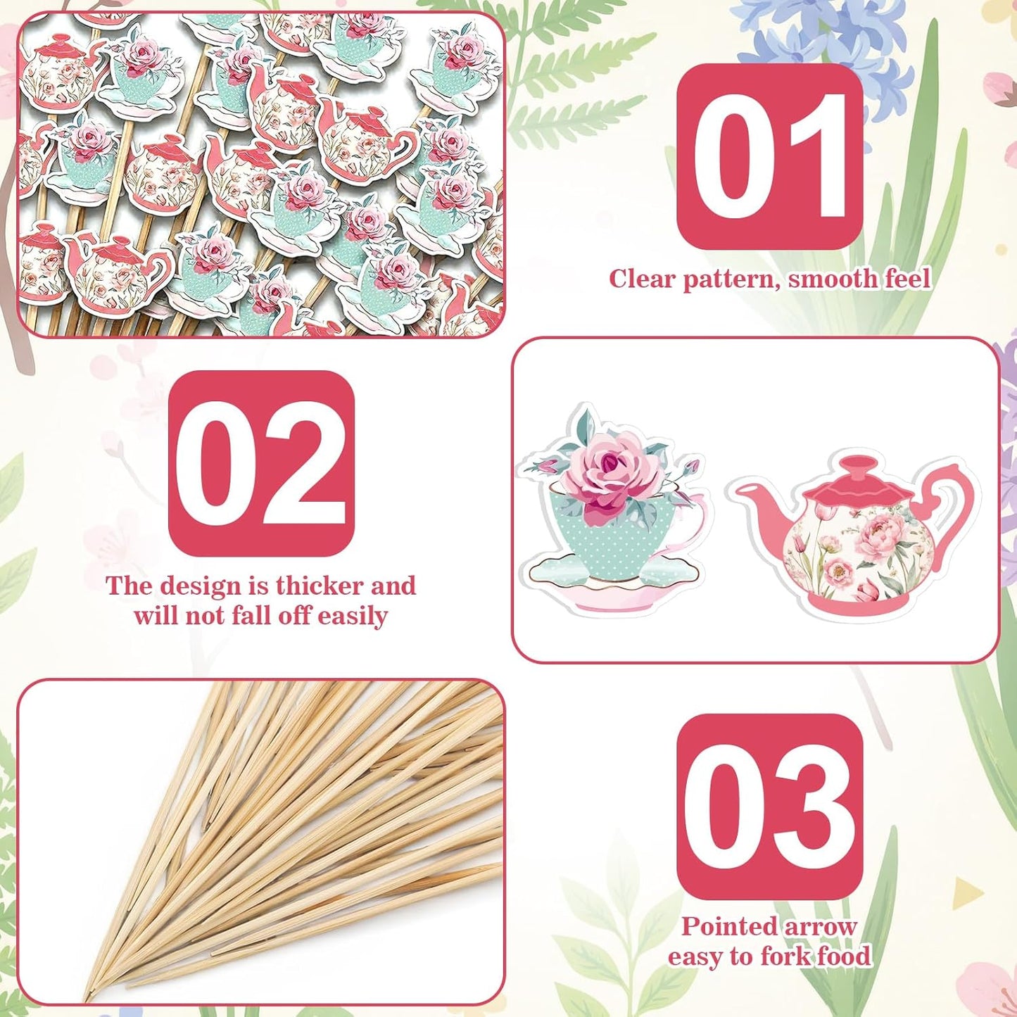 Bokon 200 Pcs Tea Party Cocktail Picks Bamboo Teapot Long Toothpicks for Appetizers Princess Party Flower Food Fruit Sticks for Floral Themed Birthday Wedding Supplies