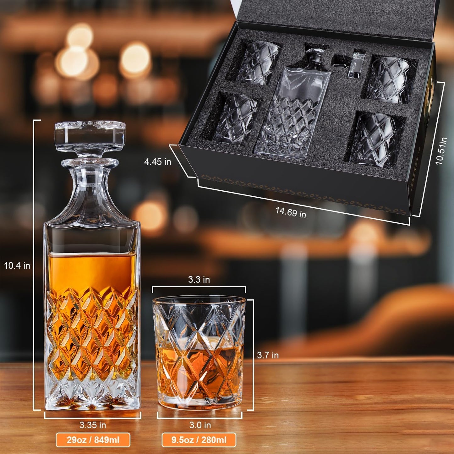 LIGHTEN LIFE Whiskey Decanter Set, Italian Crystal Decanter with 4 Whiskey Glasses in Gift Box - Bourbon Decanter for Scotch, Liquor - Birthday, Anniversary Bourbon Gifts for Men, Dad, Husband