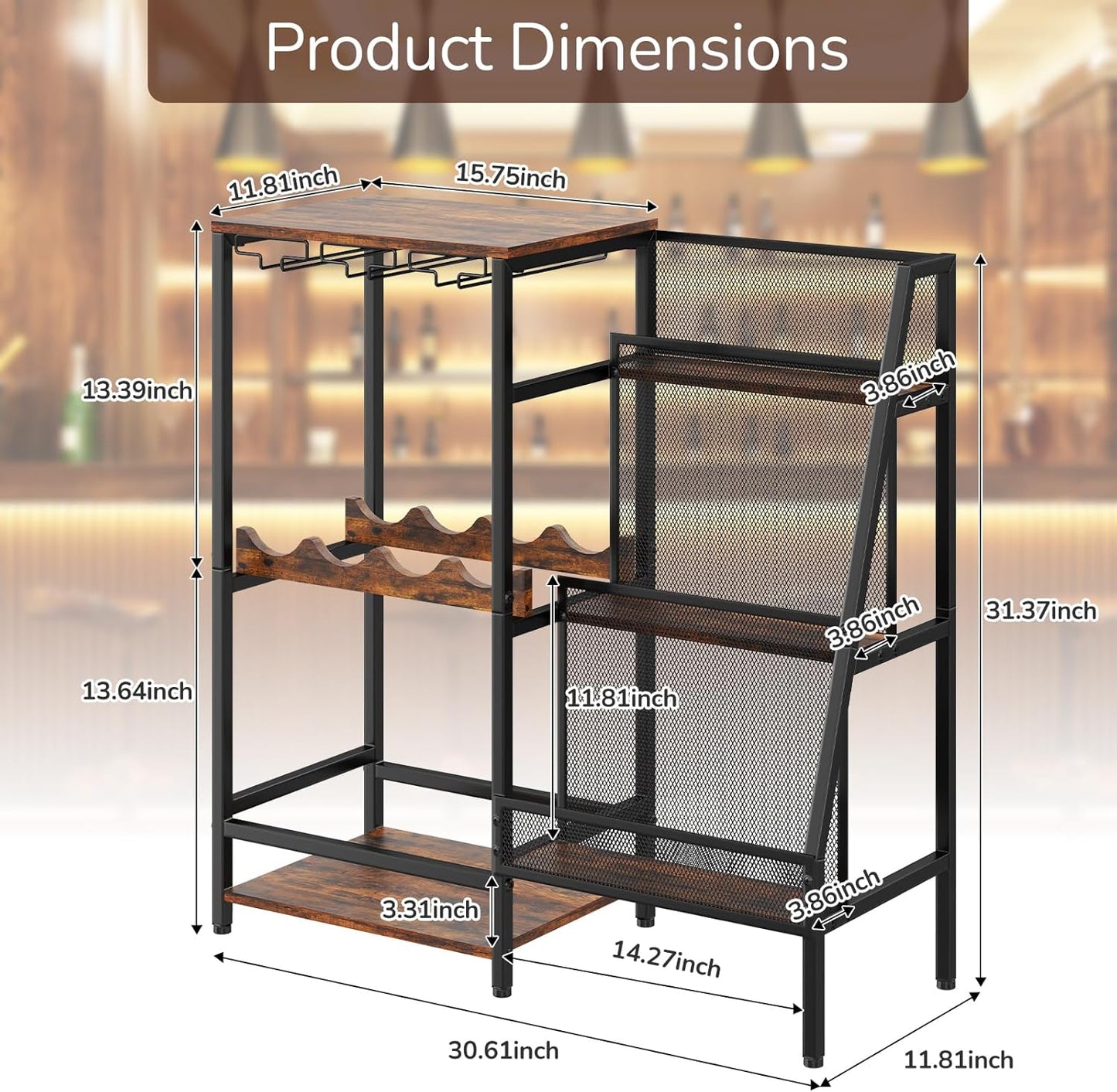 Versatile Liquor Stand for Home Bar, Wine Rack Freestanding Floor, Mini Bar Table for Liquor Whiskey Wine, 3-Tier Trapezoidal Liquor Bottle Display Shelf with Glass Holder and Fences(Patent Pending)