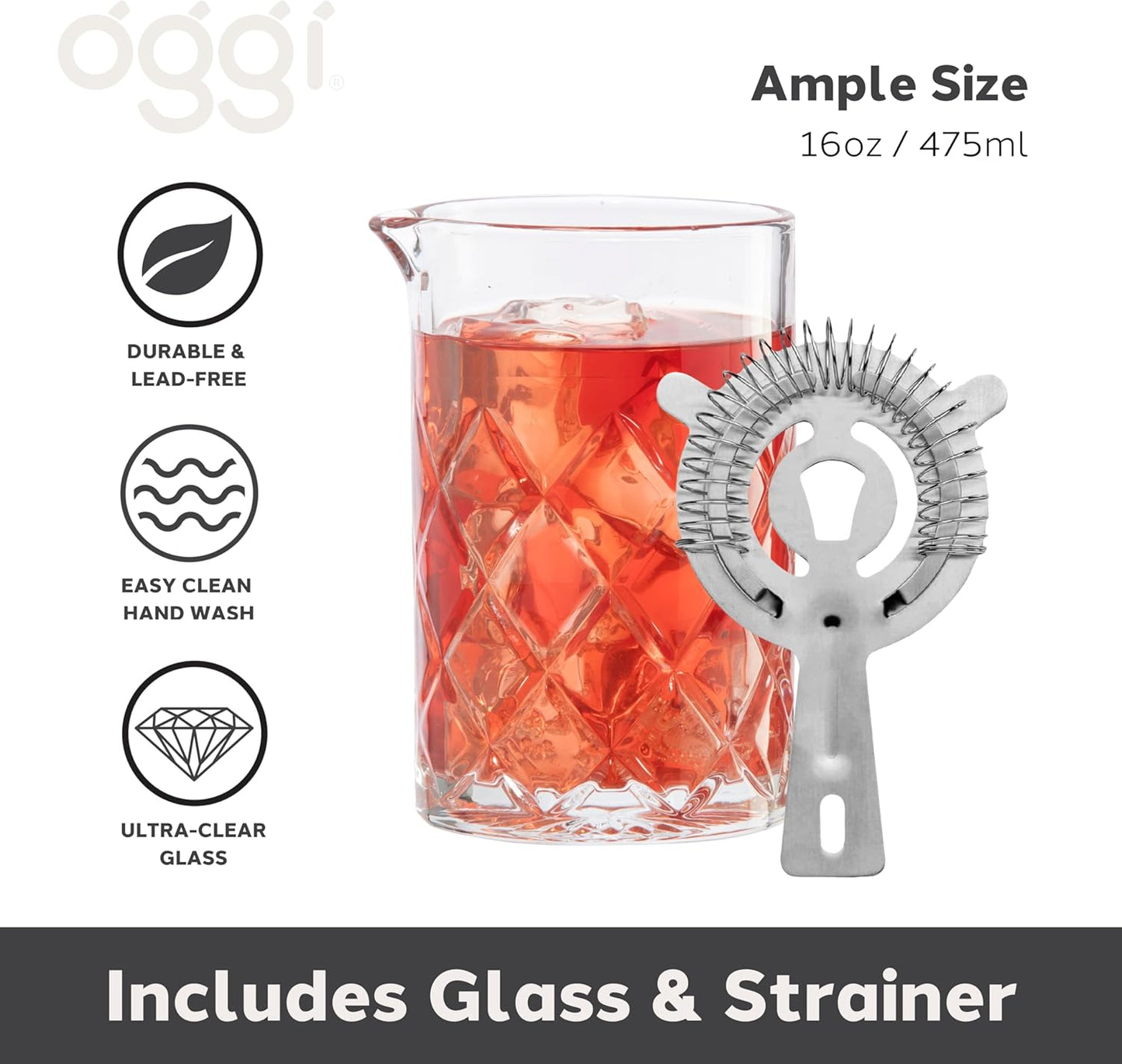 OGGI Cocktail Mixing Glass & Strainer Set - Elegant Bar Mixing Set with 16oz Glass Beaker, Essential Mixology Bartender Kit, Old Fashioned Kit, Includes Stainless Steel Hawthorne Strainer