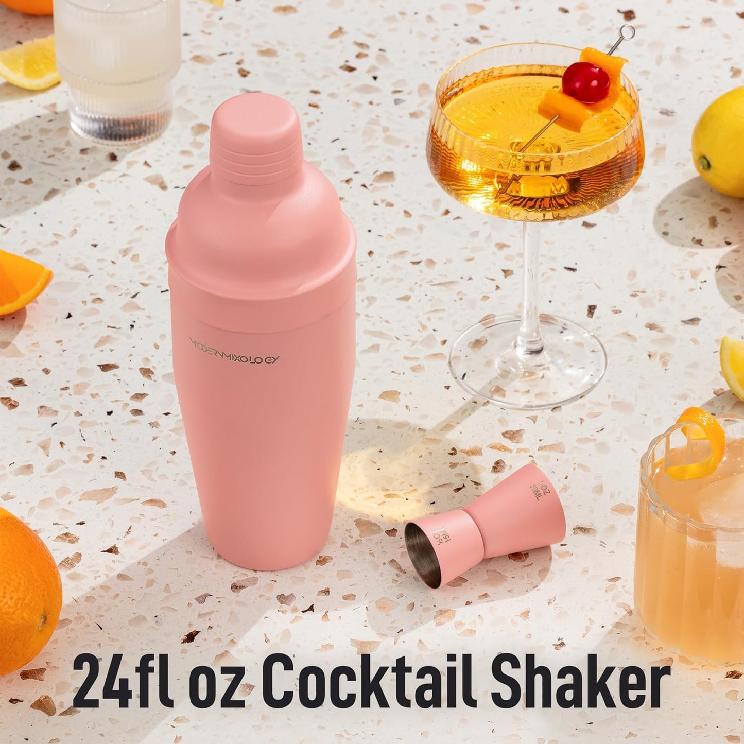 Modern Mixology 24oz Matte Pink Cocktail Shaker Set – Bartender Essentials with Built-In Strainer, Cap, Jigger for Martini, Margarita, Luxury Drink Mixer Kit for Bar, Gift for Men and Women